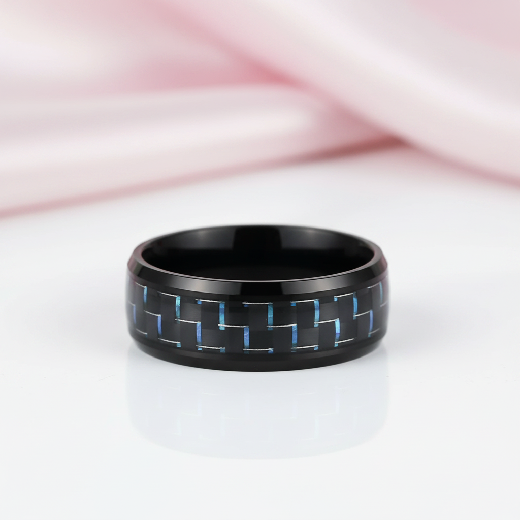 Black and Blue Carbon Pattern Ring Band-Black Diamonds New York
