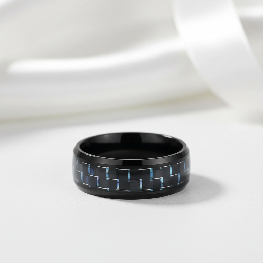 Black and Blue Carbon Pattern Ring Band-Black Diamonds New York