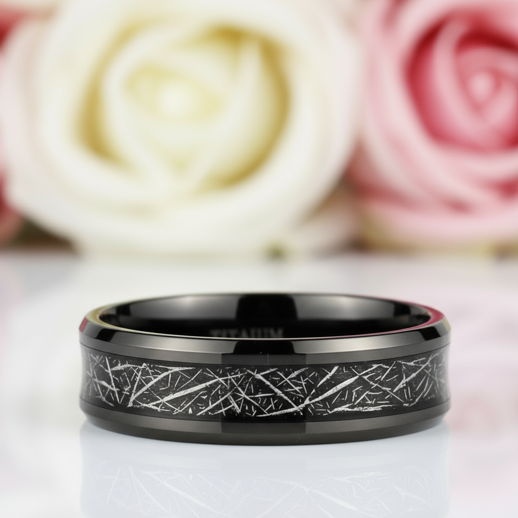 Black Beveled Titanium Wedding Band with Silk Inlay-Black Diamonds New York