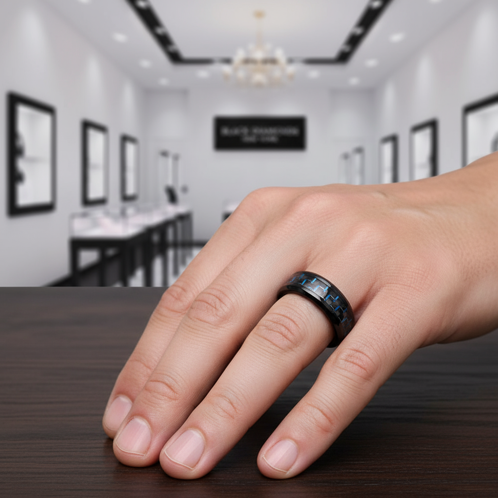 Black & Blue Men's Ceramic Wedding Band-Black Diamonds New York