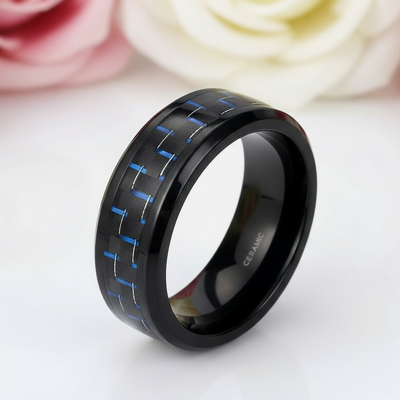 Black & Blue Men's Ceramic Wedding Band-Black Diamonds New York