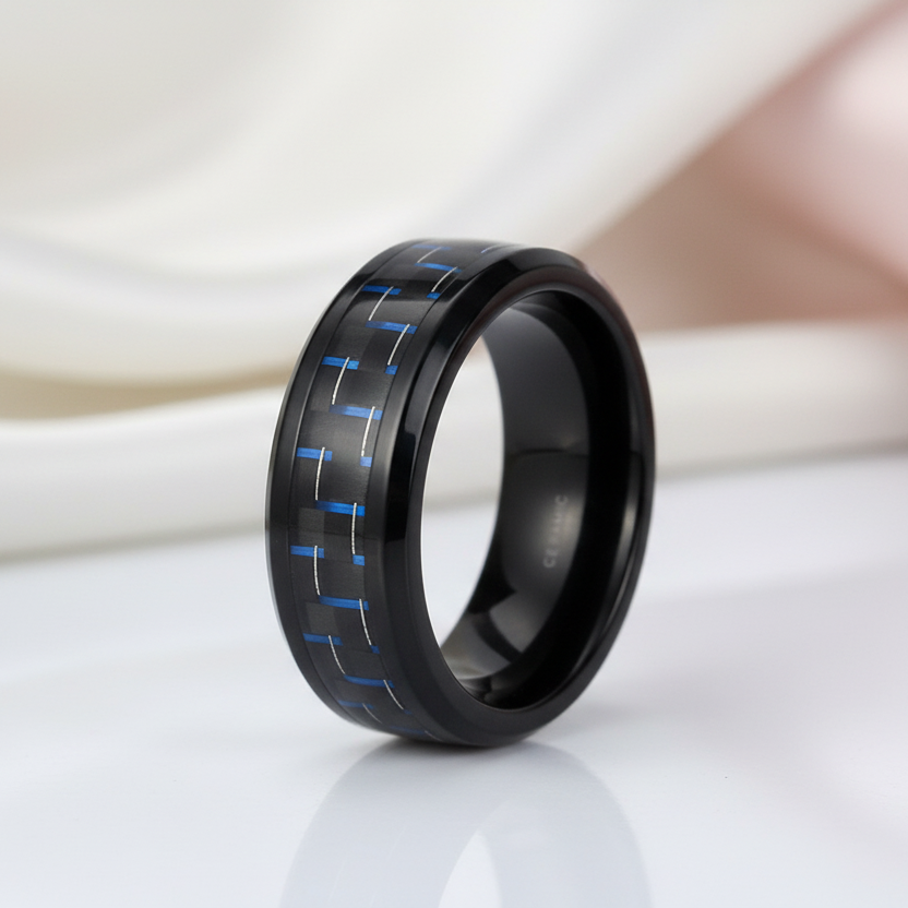 Black & Blue Men's Ceramic Wedding Band-Black Diamonds New York