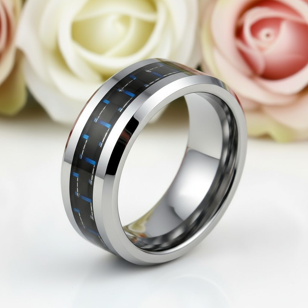 Black & Blue Tail Men's Tungsten Wedding Band-Black Diamonds New York