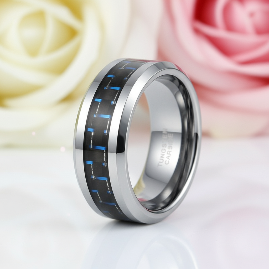 Black & Blue Tail Men's Tungsten Wedding Band-Black Diamonds New York