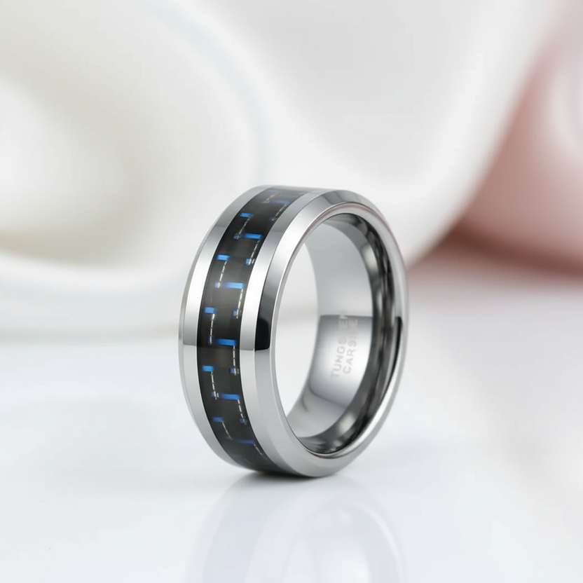 Black & Blue Tail Men's Tungsten Wedding Band-Black Diamonds New York
