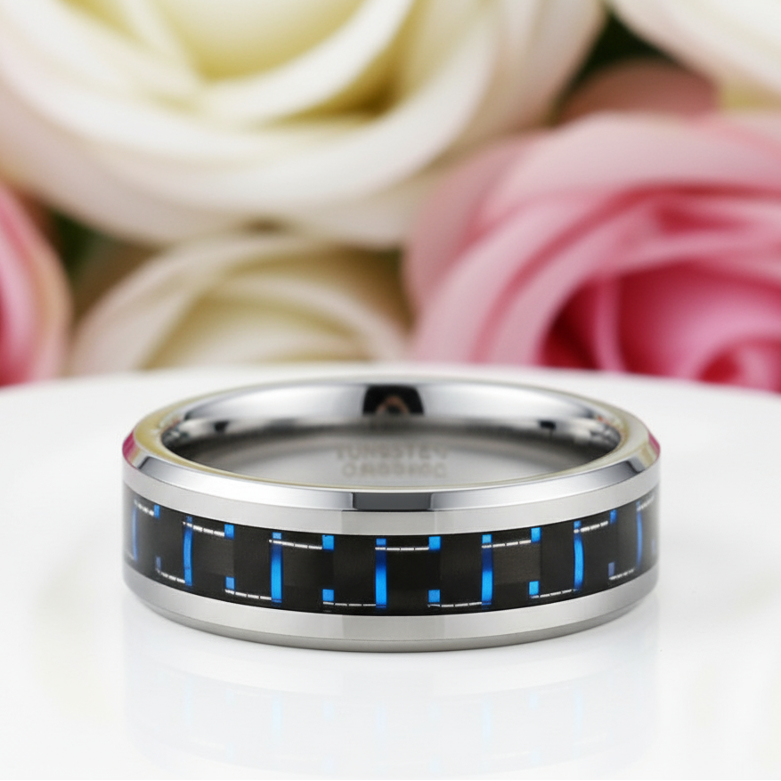 Black & Blue Tail Men's Tungsten Wedding Band-Black Diamonds New York