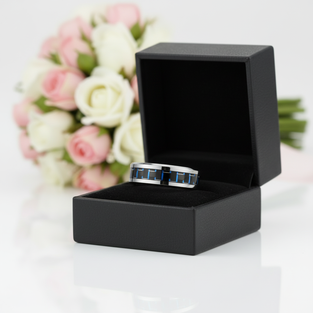 Black & Blue Tail Men's Tungsten Wedding Band-Black Diamonds New York