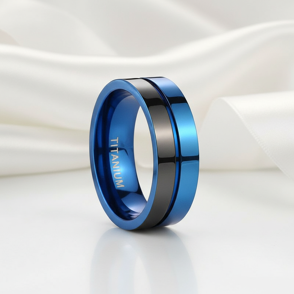 Black & Blue Titanium Men's Wedding Band-Black Diamonds New York