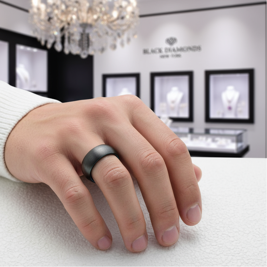 Black Brushed Tungsten Carbide Men's Wedding Band-Black Diamonds New York