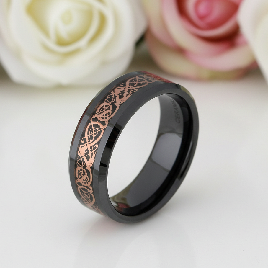 Black Ceramic Rose Gold Dragon Wedding Band-Black Diamonds New York