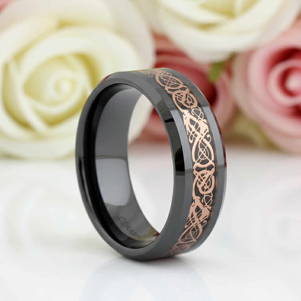 Black Ceramic Rose Gold Dragon Wedding Band-Black Diamonds New York