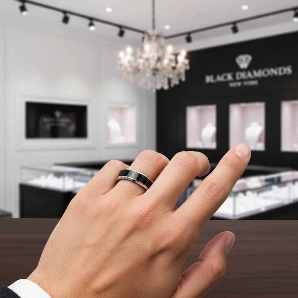 Black Cool Men's Titanium Wedding Band-Black Diamonds New York