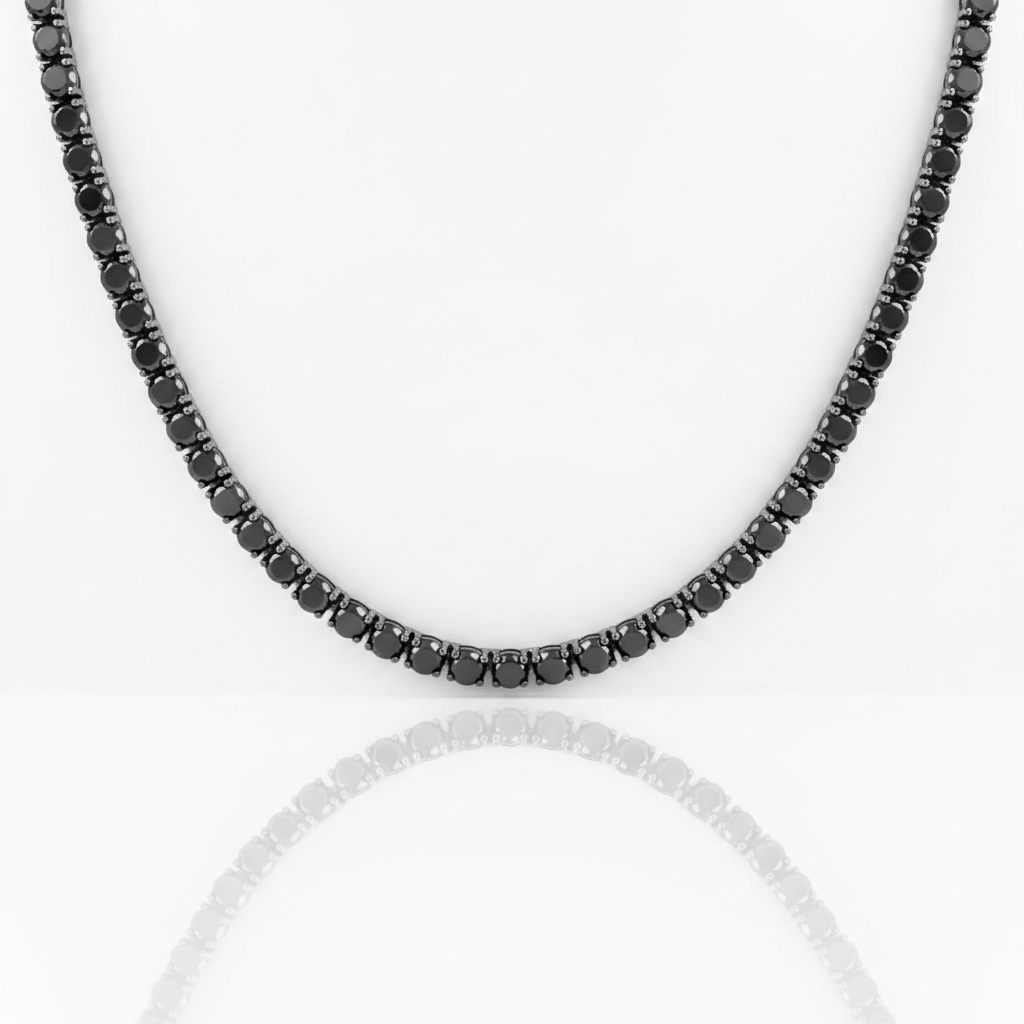 A black beaded tennis necklace with faceted round beads, displayed against a clean white background with a soft reflection below.