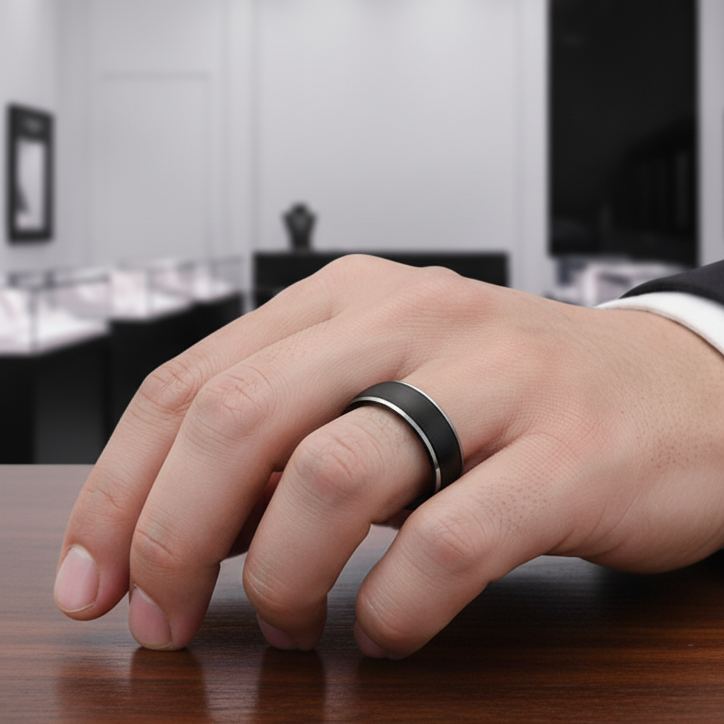 Black Domed Titanium Men's Wedding Band-Black Diamonds New York