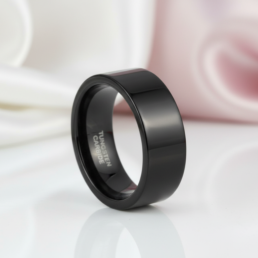 Black Flat Tungsten Carbide Men's Wedding Band-Black Diamonds New York