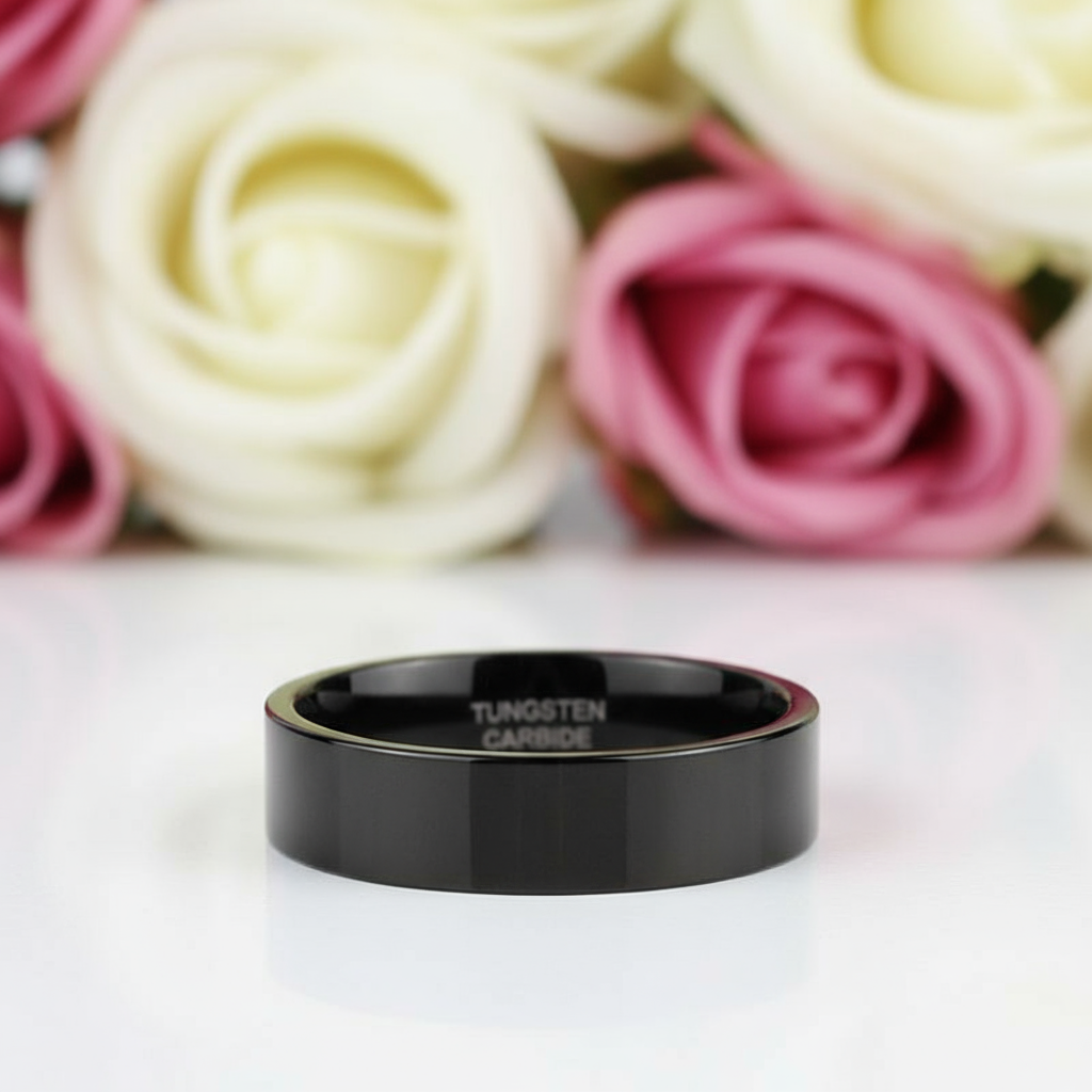 Black Flat Tungsten Carbide Men's Wedding Band-Black Diamonds New York