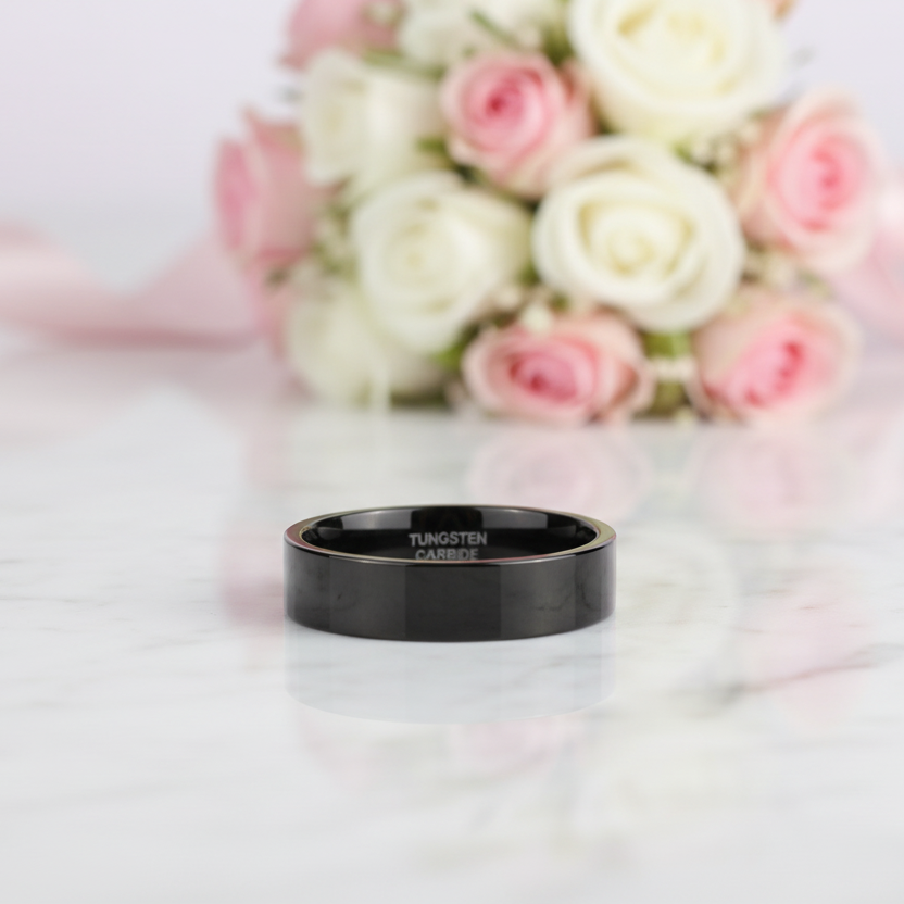 Black Flat Tungsten Carbide Men's Wedding Band-Black Diamonds New York