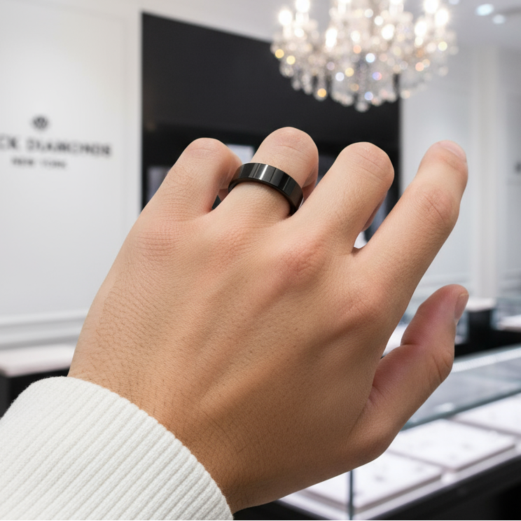 Black Flat Tungsten Carbide Men's Wedding Band-Black Diamonds New York