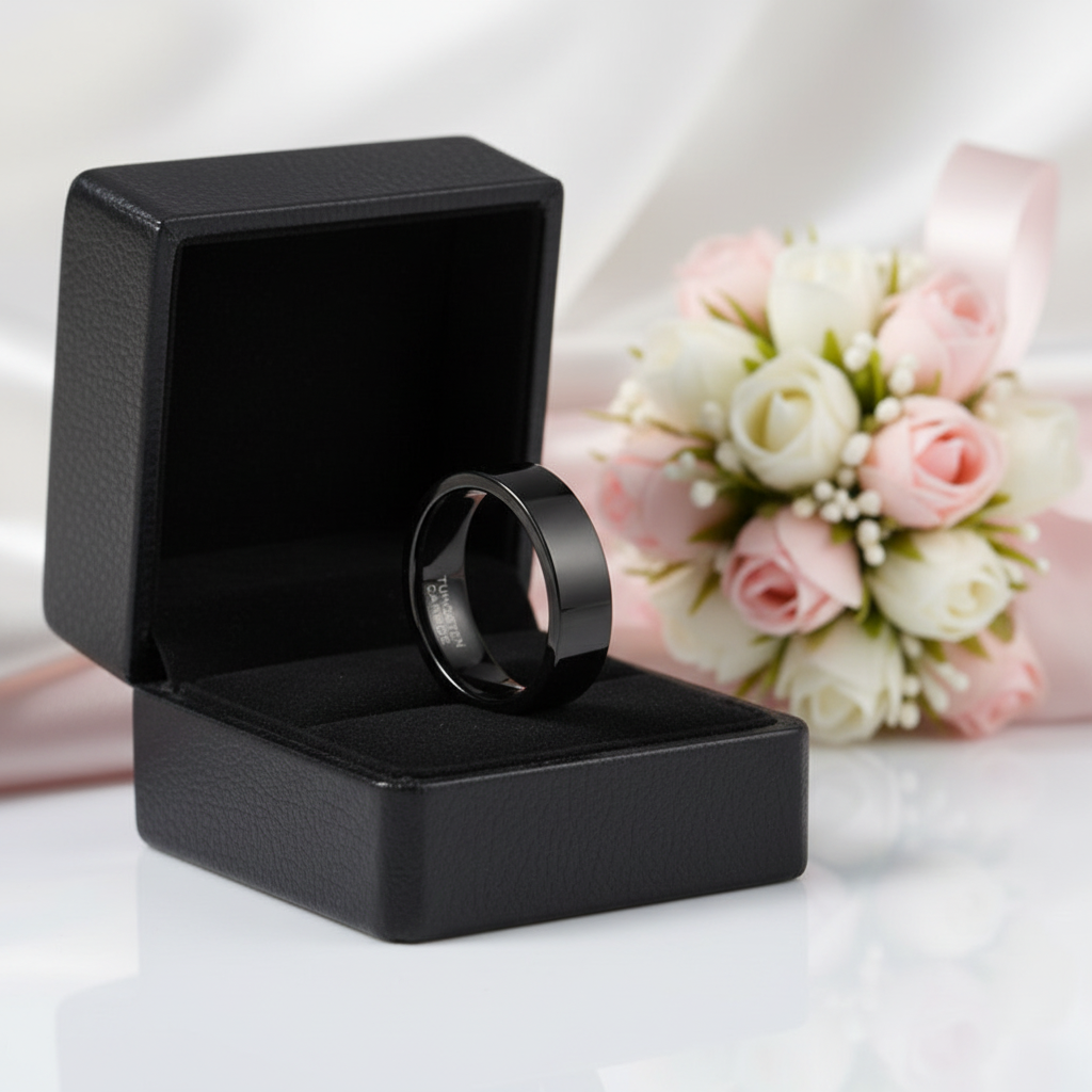 Black Flat Tungsten Carbide Men's Wedding Band-Black Diamonds New York