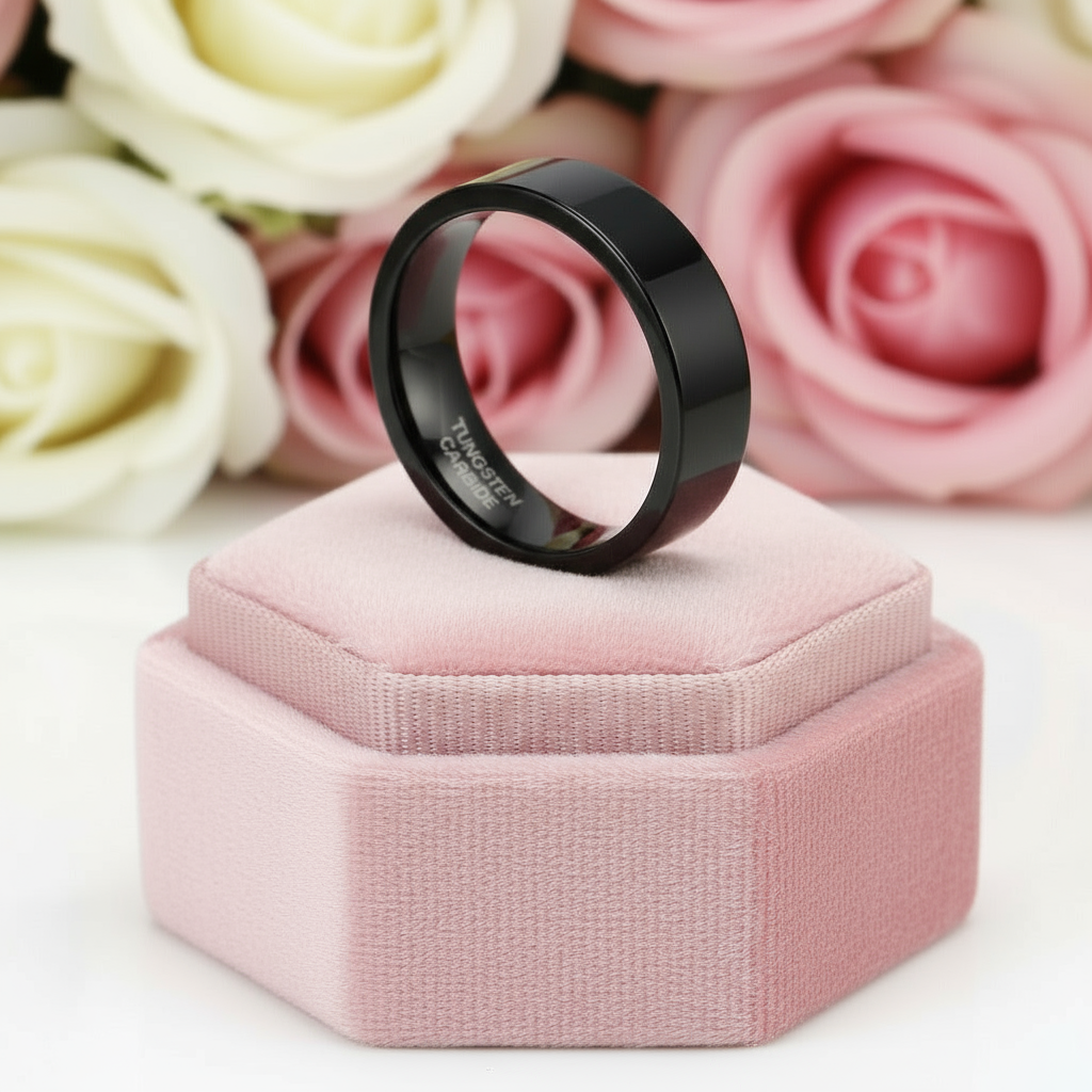 Black Flat Tungsten Carbide Men's Wedding Band-Black Diamonds New York