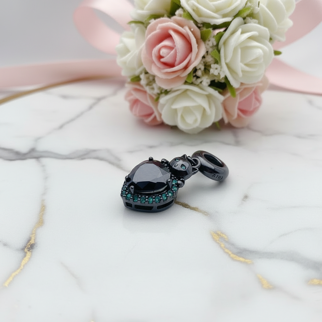 Black Kitty with Heart Charm-Black Diamonds New York
