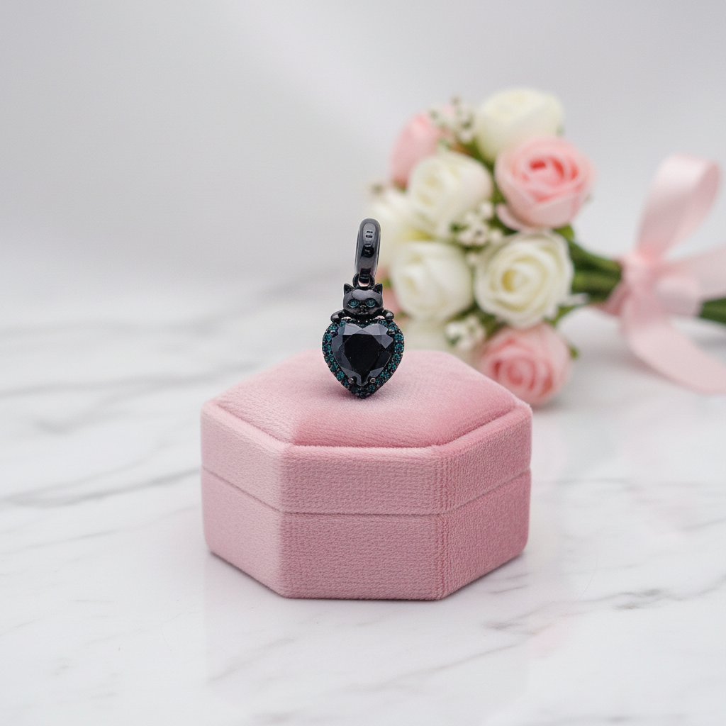 Black Kitty with Heart Charm-Black Diamonds New York