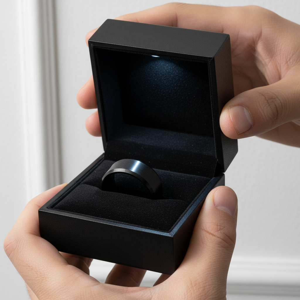 Black ring in an open black box held by hands against a neutral background