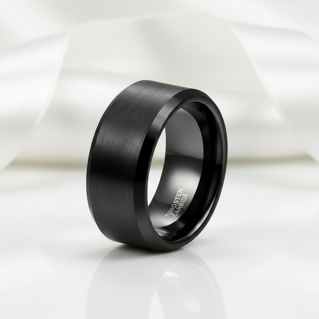 Black tungsten carbide ring on a white background