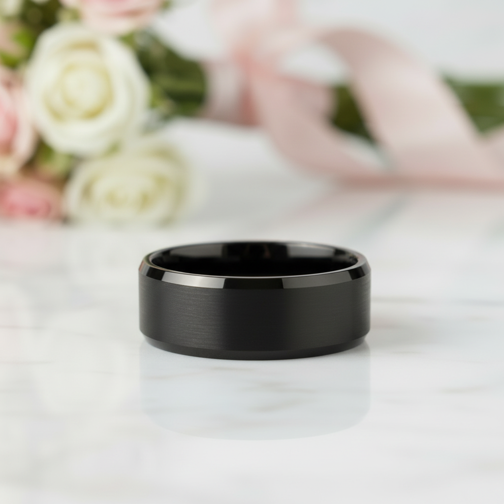 Black ring on a white surface with a blurred bouquet of flowers in the background