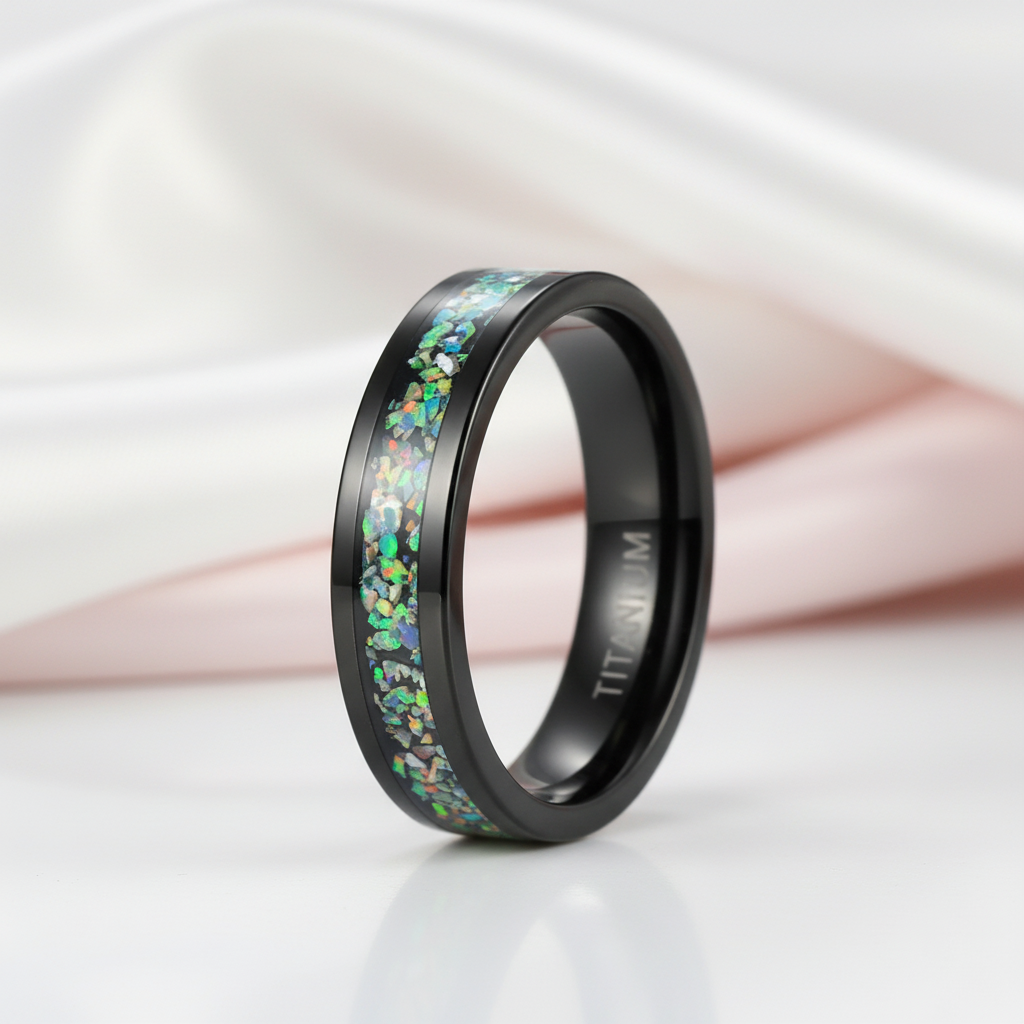 Black Men's Titanium Wedding Band with Opal Inlay-Black Diamonds New York
