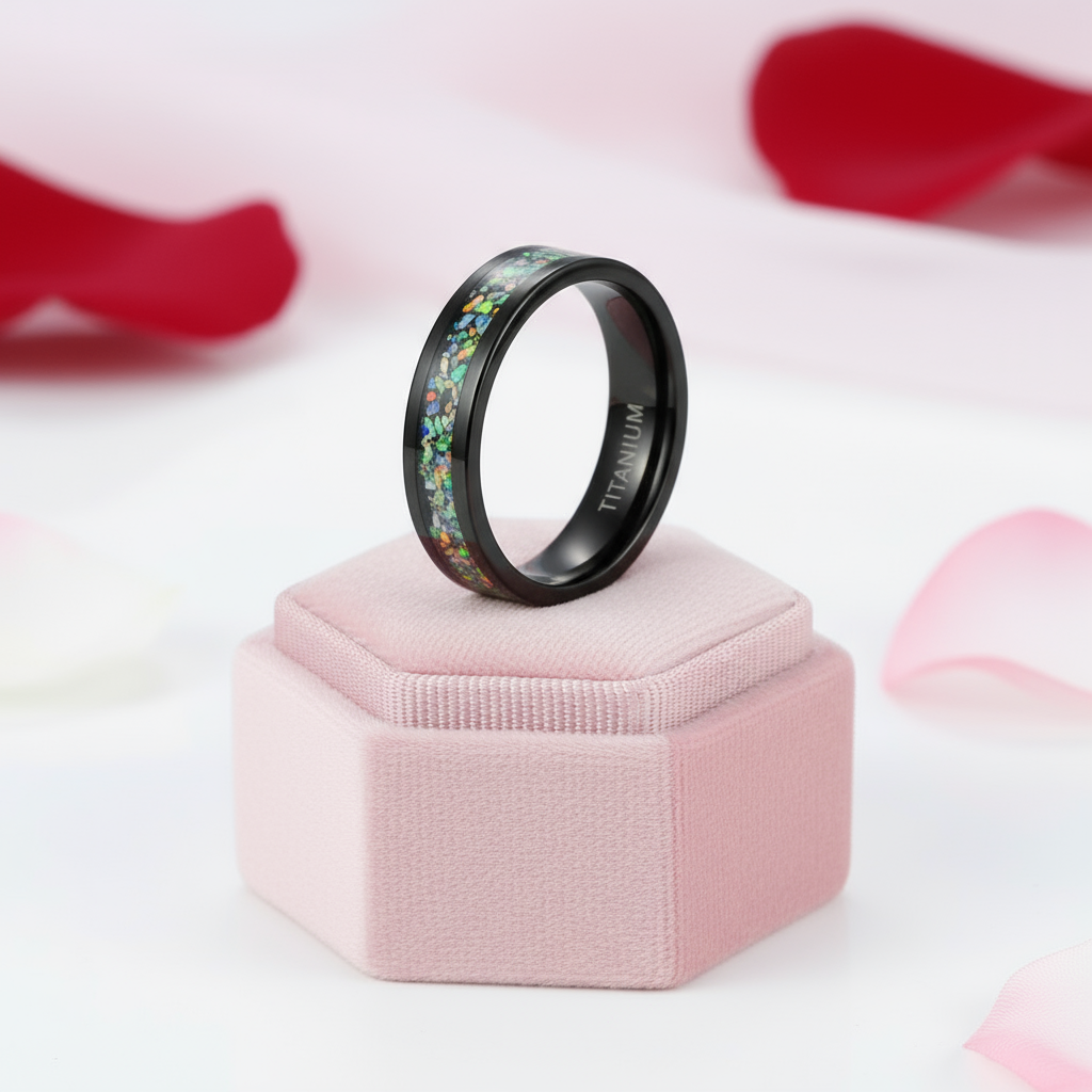 Black Men's Titanium Wedding Band with Opal Inlay-Black Diamonds New York