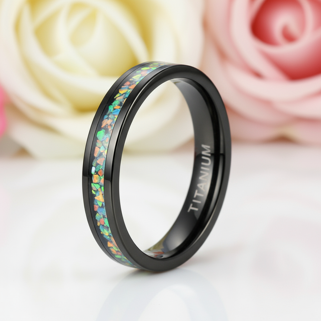 Black Men's Titanium Wedding Band with Opal Inlay-Black Diamonds New York