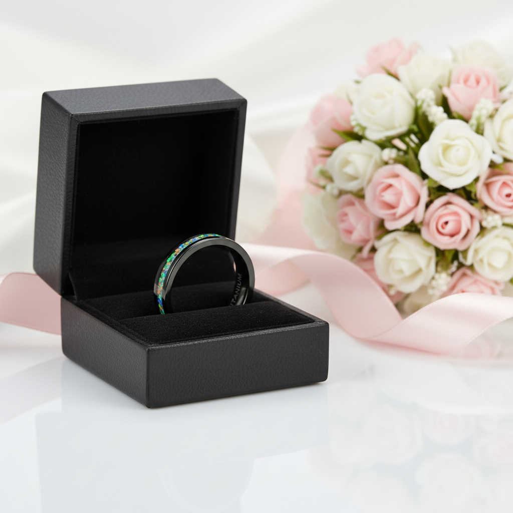 Black Men's Titanium Wedding Band with Opal Inlay-Black Diamonds New York