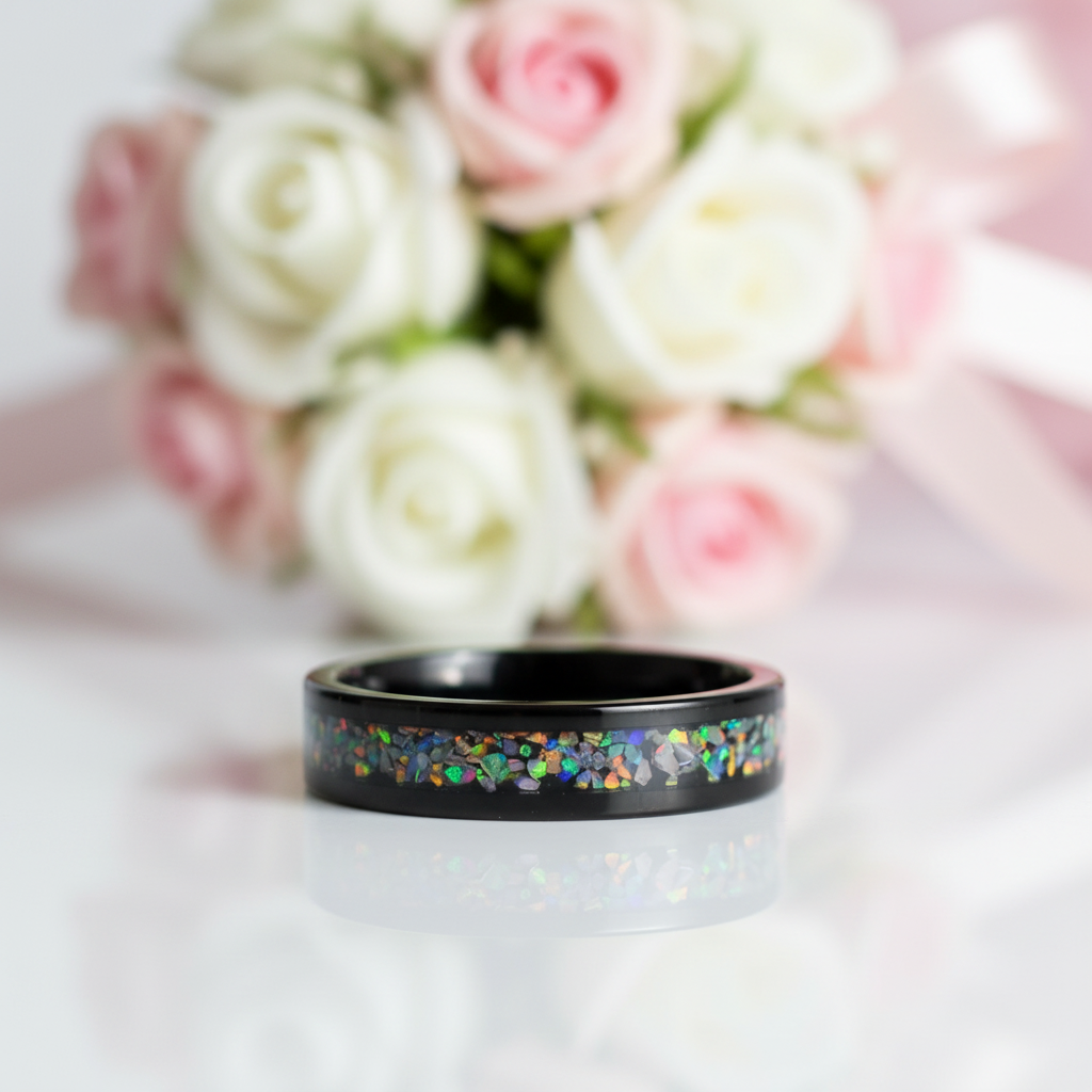 Black Men's Titanium Wedding Band with Opal Inlay-Black Diamonds New York