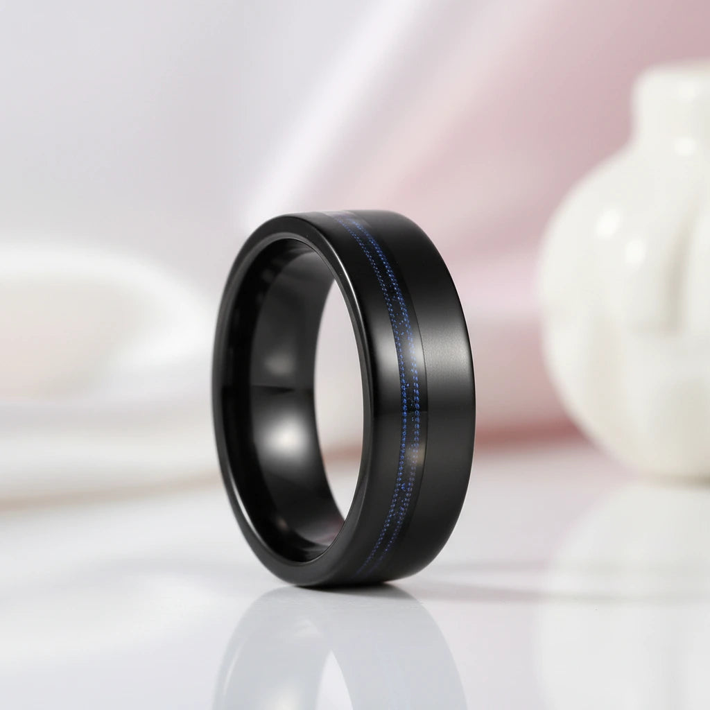 Black Men's Tungsten Wedding Band with Blue Inlay-Black Diamonds New York