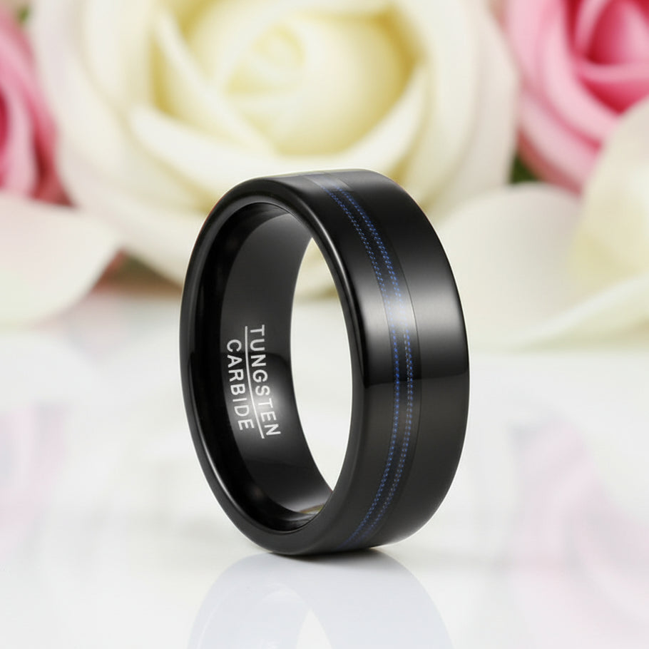 Black Men's Tungsten Wedding Band with Blue Inlay-Black Diamonds New York