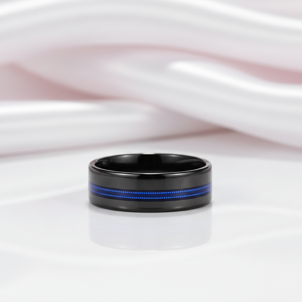 Black Men's Tungsten Wedding Band with Blue Inlay-Black Diamonds New York