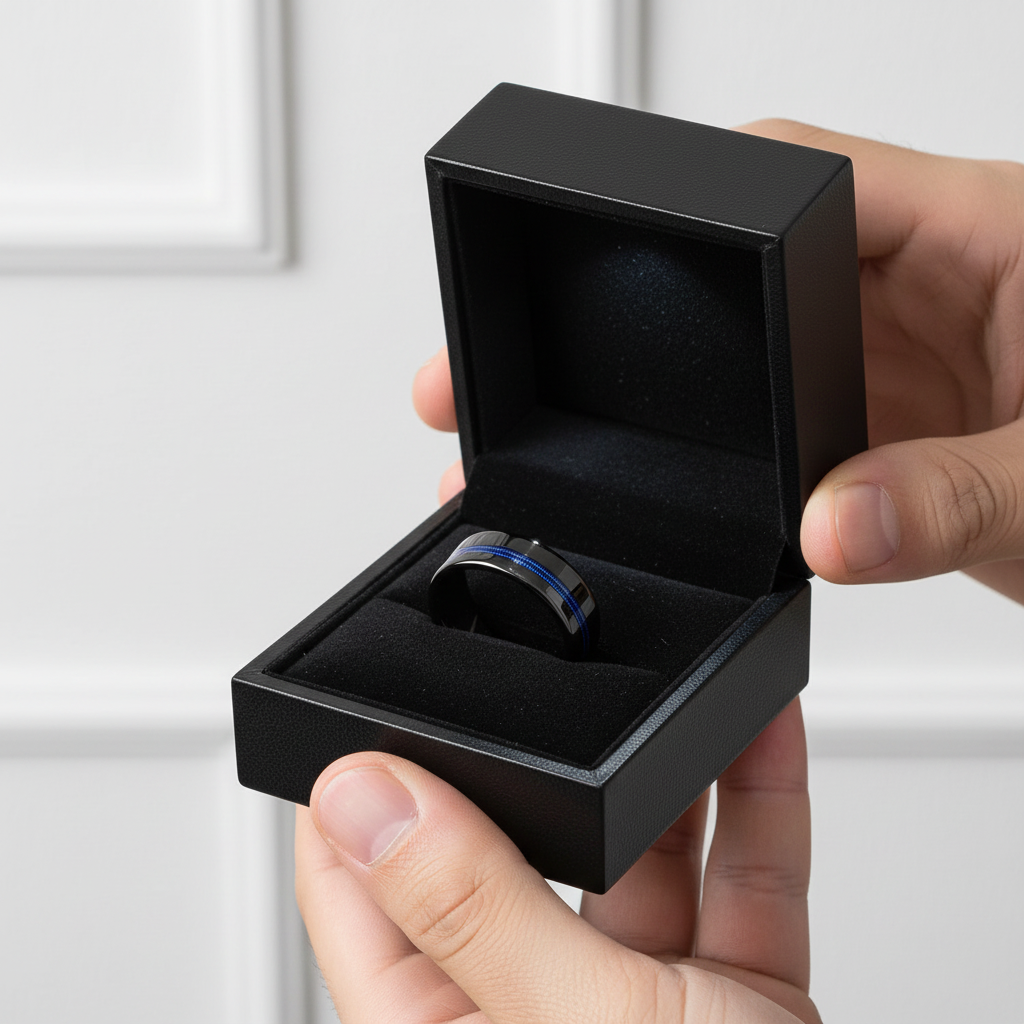 Black Men's Tungsten Wedding Band with Blue Inlay-Black Diamonds New York
