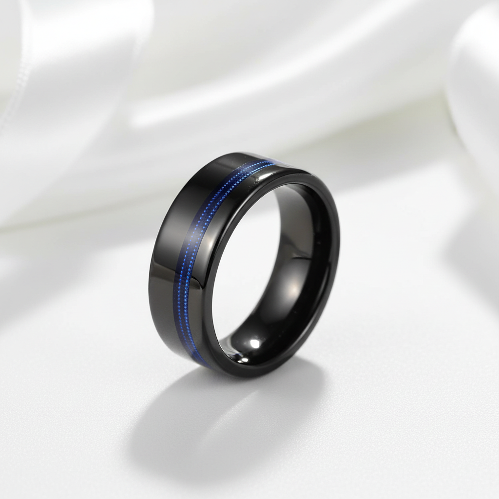 Black Men's Tungsten Wedding Band with Blue Inlay-Black Diamonds New York
