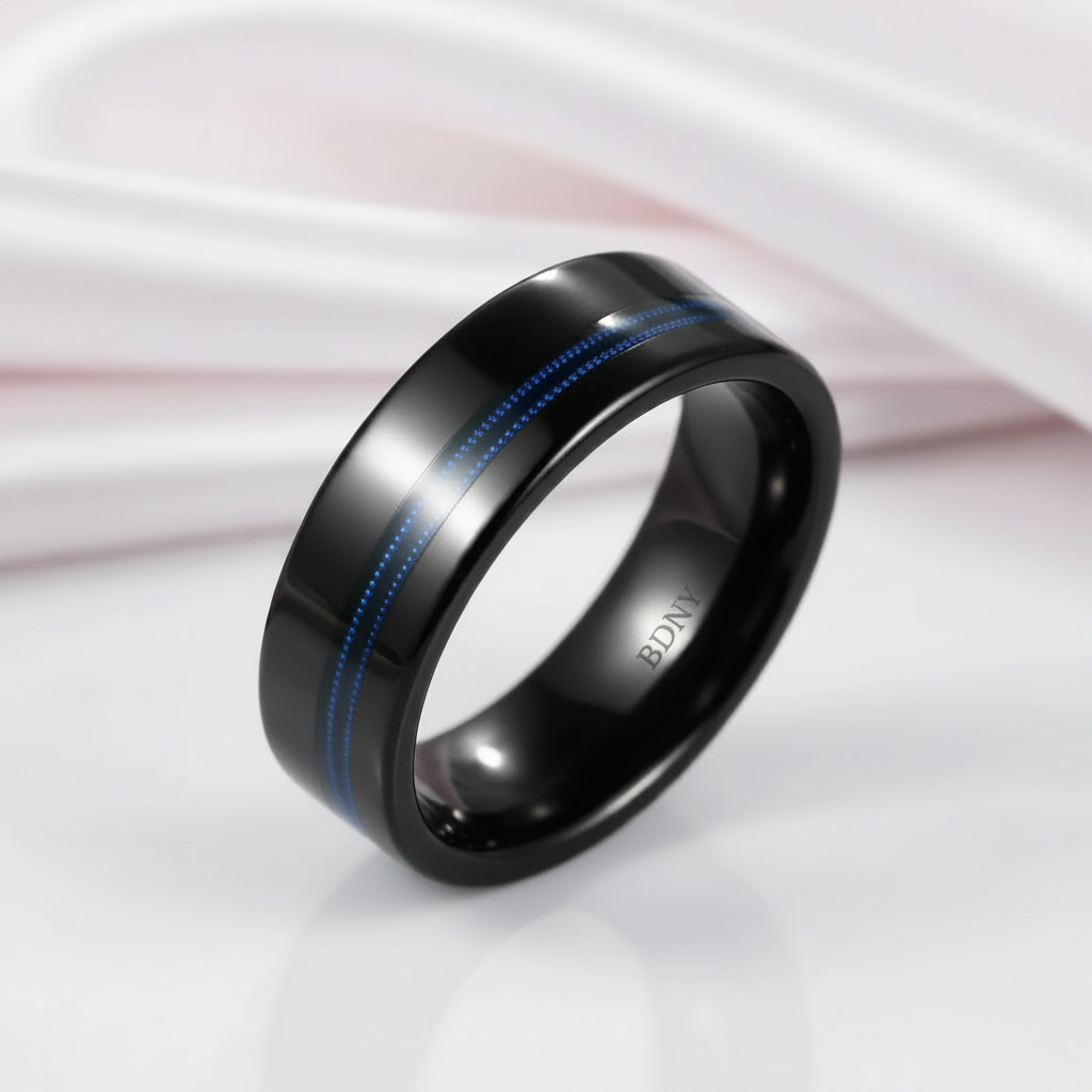 Black Men's Tungsten Wedding Band with Blue Inlay-Black Diamonds New York