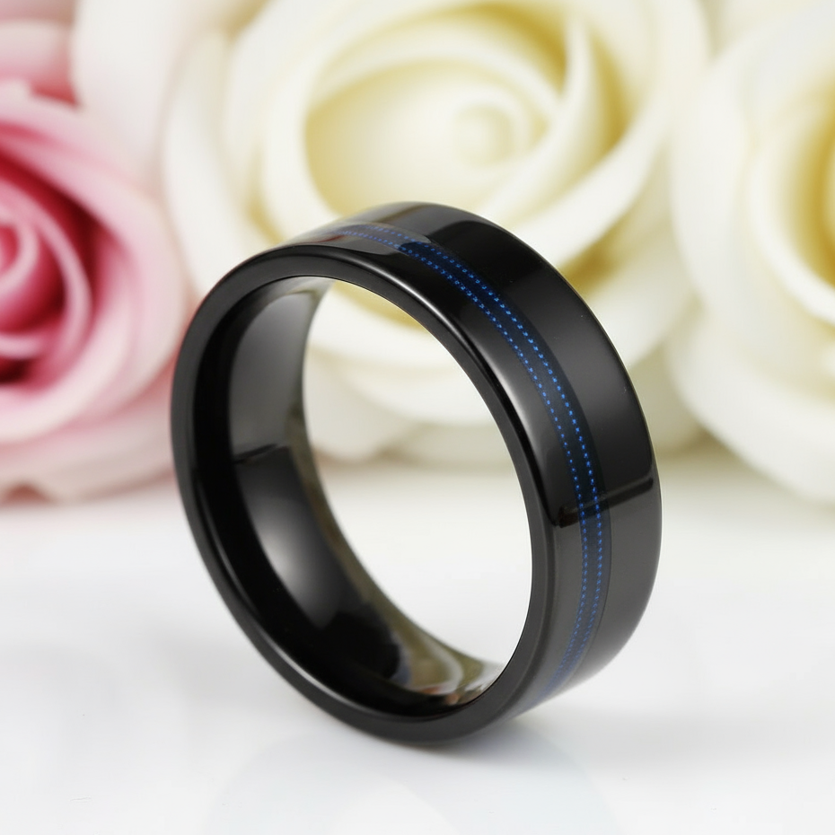 Black Men's Tungsten Wedding Band with Blue Inlay-Black Diamonds New York