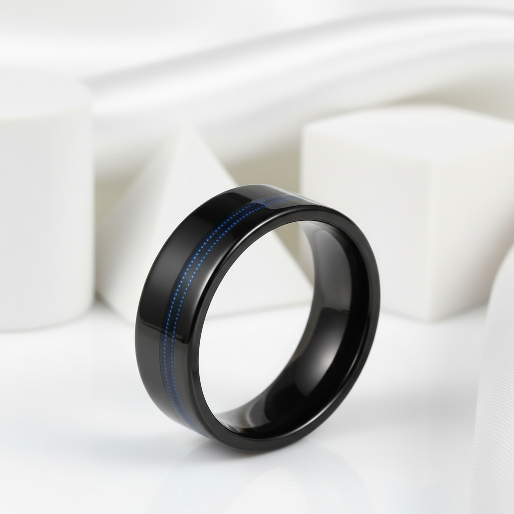 Black Men's Tungsten Wedding Band with Blue Inlay-Black Diamonds New York
