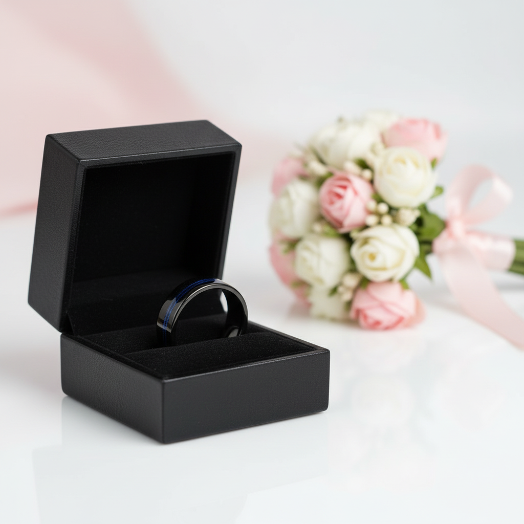 Black Men's Tungsten Wedding Band with Blue Inlay-Black Diamonds New York