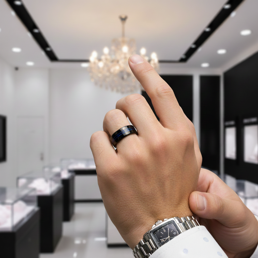 Black Men's Tungsten Wedding Band with Blue Inlay-Black Diamonds New York