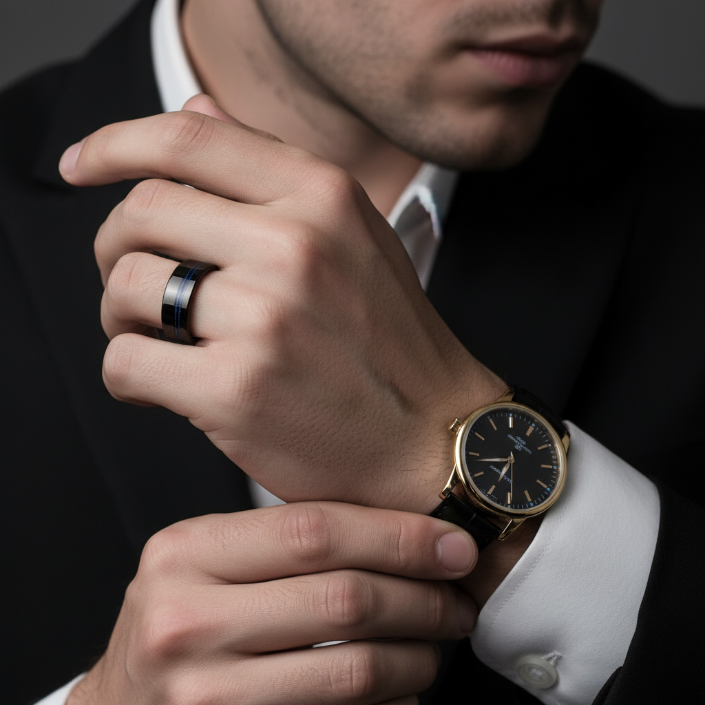 Black Men's Tungsten Wedding Band with Blue Inlay-Black Diamonds New York