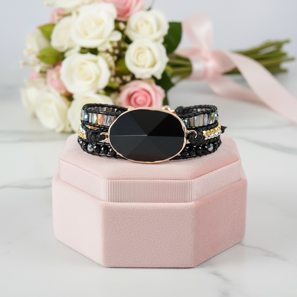 Black Onyx & 3 Layer Wrap Bohemian Bracelet-Black Diamonds New York