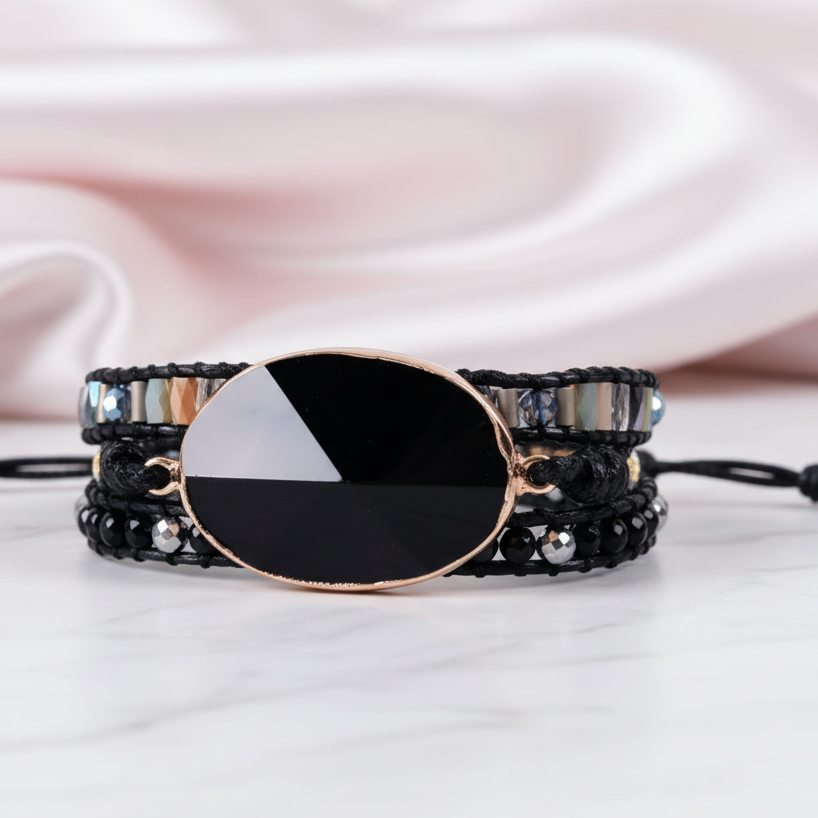 Black Onyx & 3 Layer Wrap Bohemian Bracelet-Black Diamonds New York