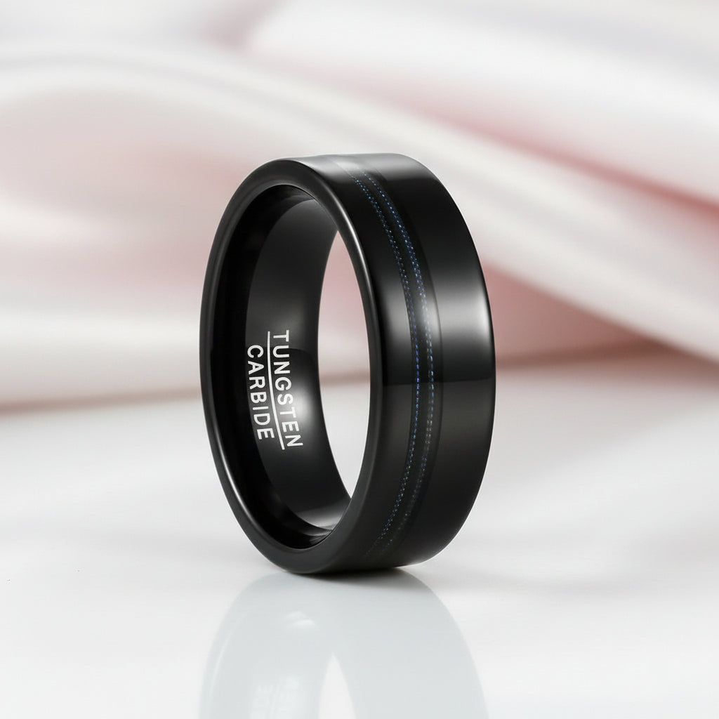 Black Polished Tungsten Men's Wedding Band-Black Diamonds New York