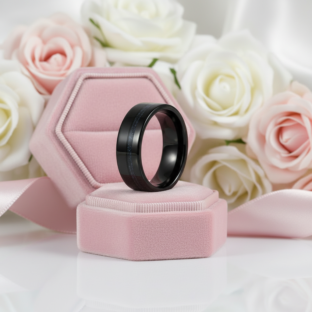 Black Polished Tungsten Men's Wedding Band-Black Diamonds New York