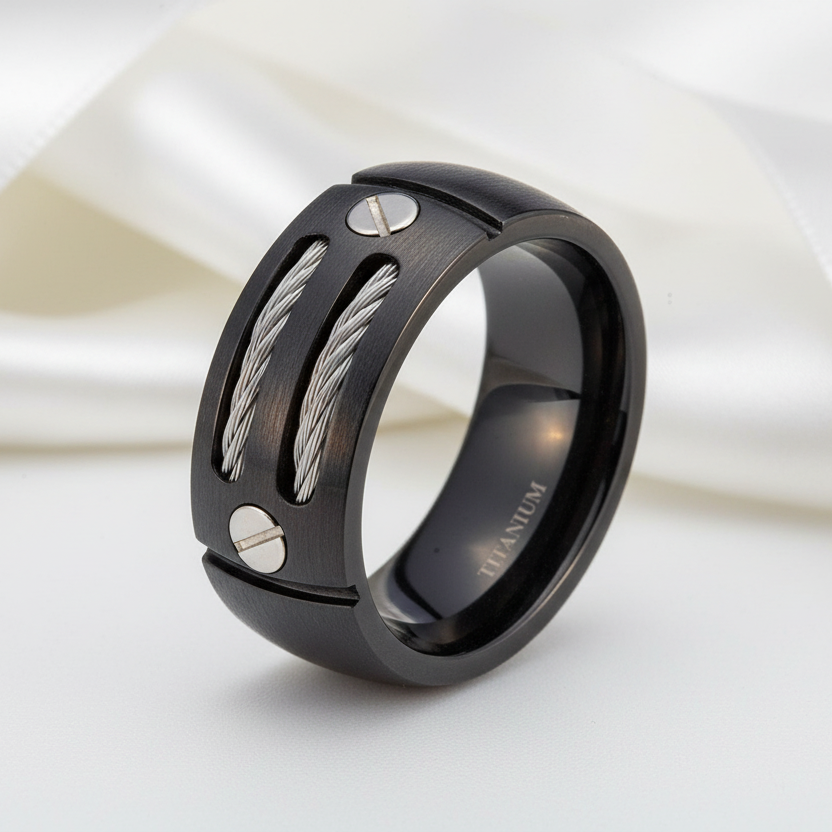 Black Punk Titanium Men's Wedding Band-Black Diamonds New York
